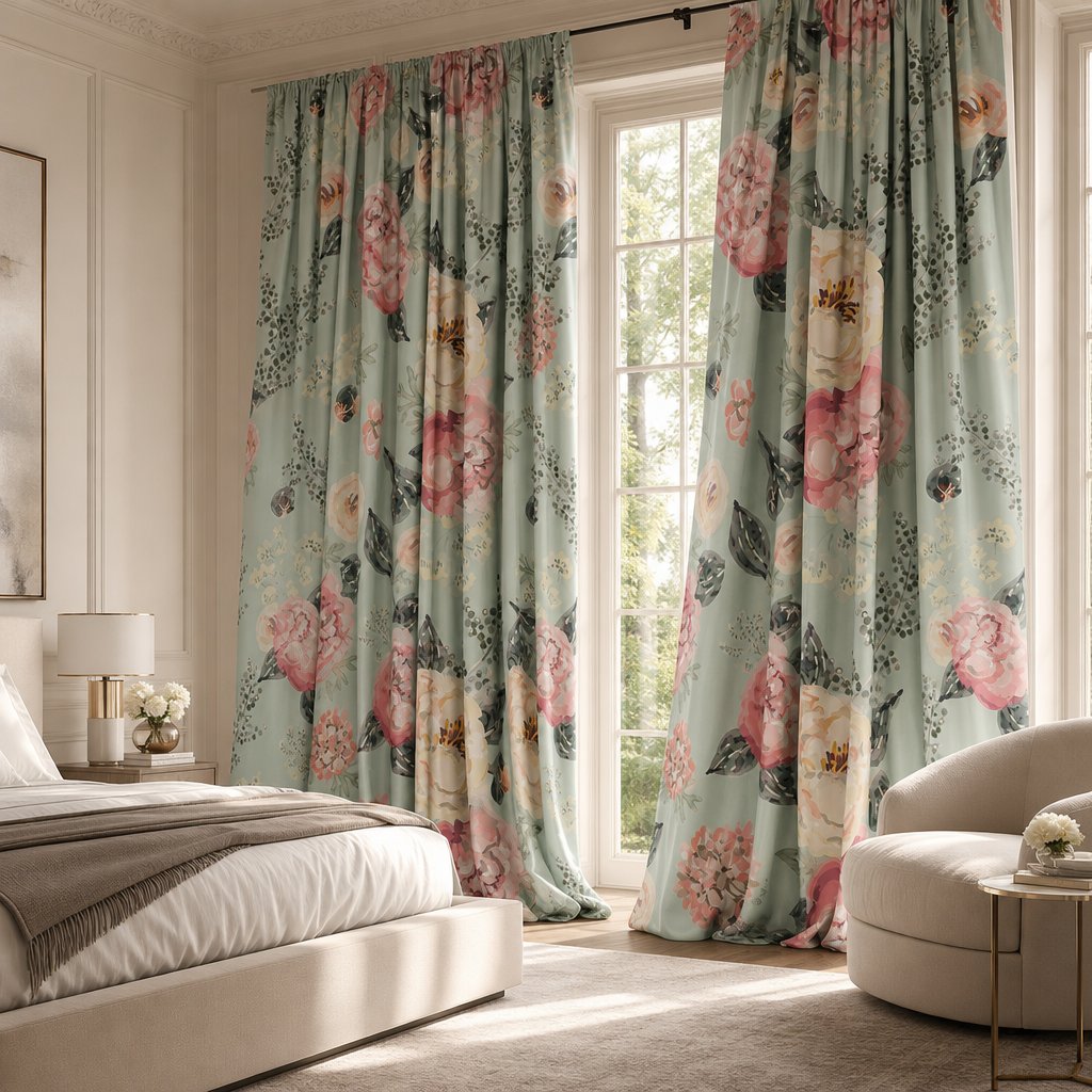 Sage green peony floral curtains in a bedroom