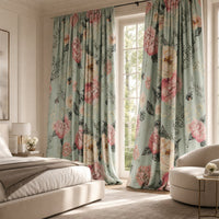 Sage green peony floral curtains in a bedroom