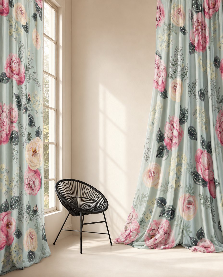Pair of sage green peony floral curtains in a bedroom