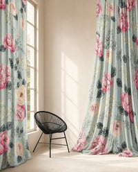 Pair of sage green peony floral curtains in a bedroom