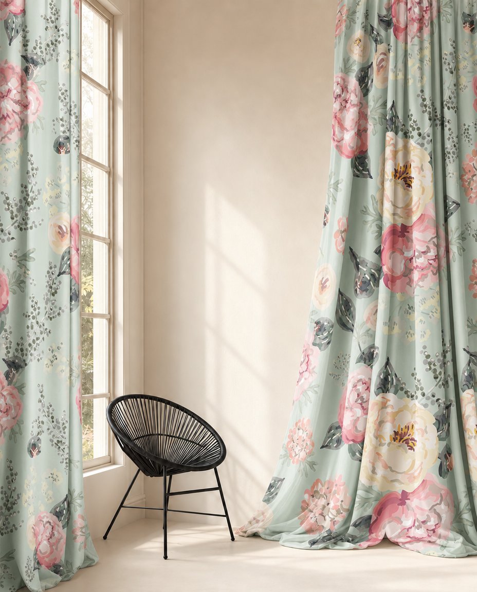 Sage green peony floral curtains styled with neutral decor