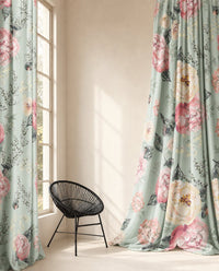 Sage green peony floral curtains styled with neutral decor