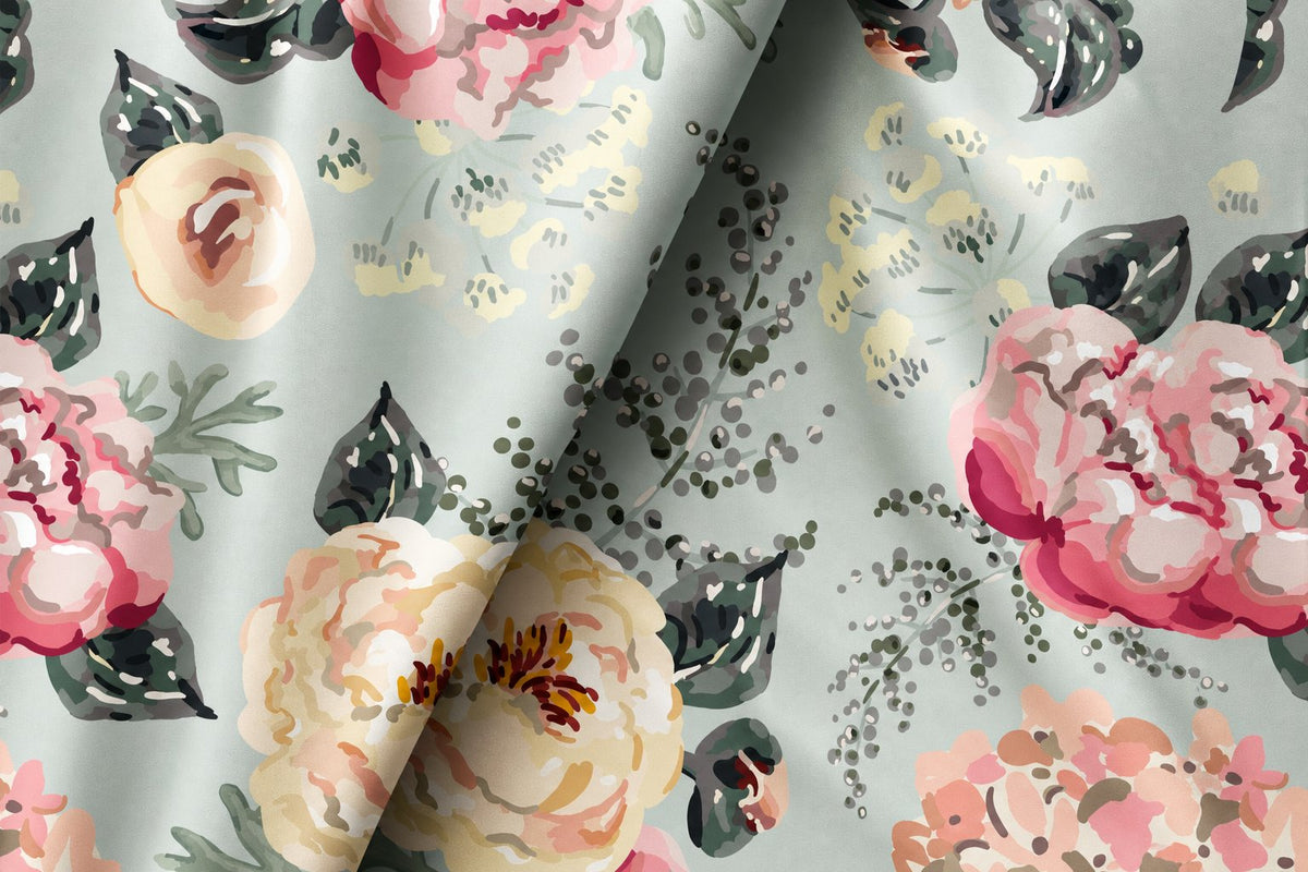 Sage green peony floral curtains framing a tall window