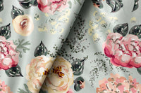 Sage green peony floral curtains framing a tall window