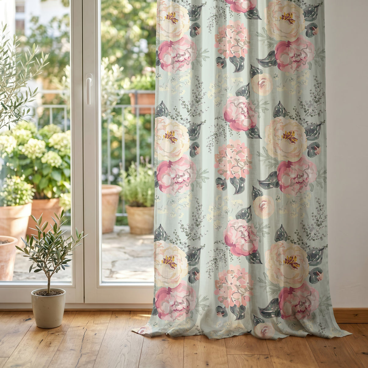 Sage green peony floral curtain at glass patio doors