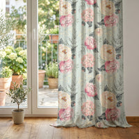 Sage green peony floral curtain at glass patio doors