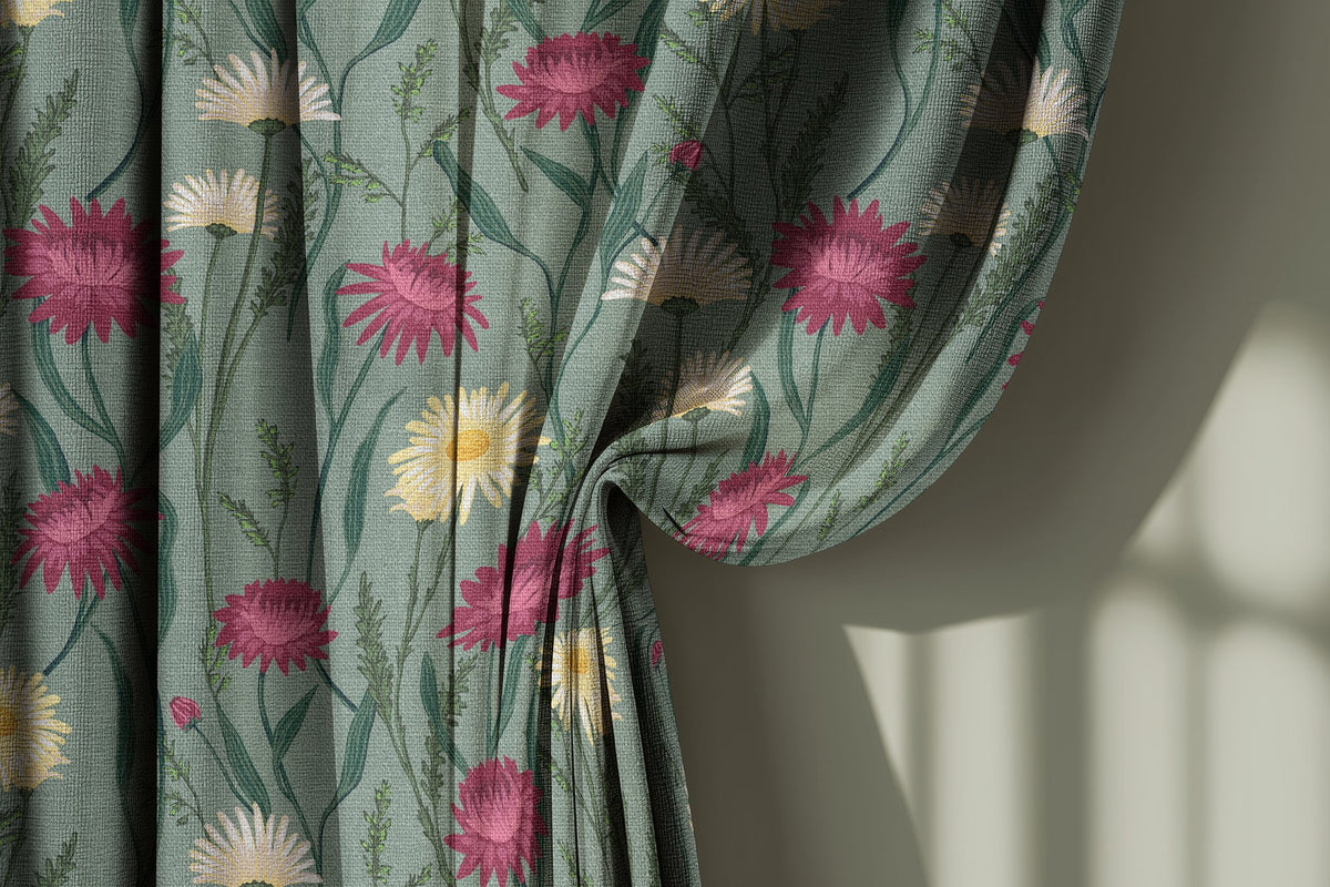 Sage green thistle and daisy curtain gathered to one side