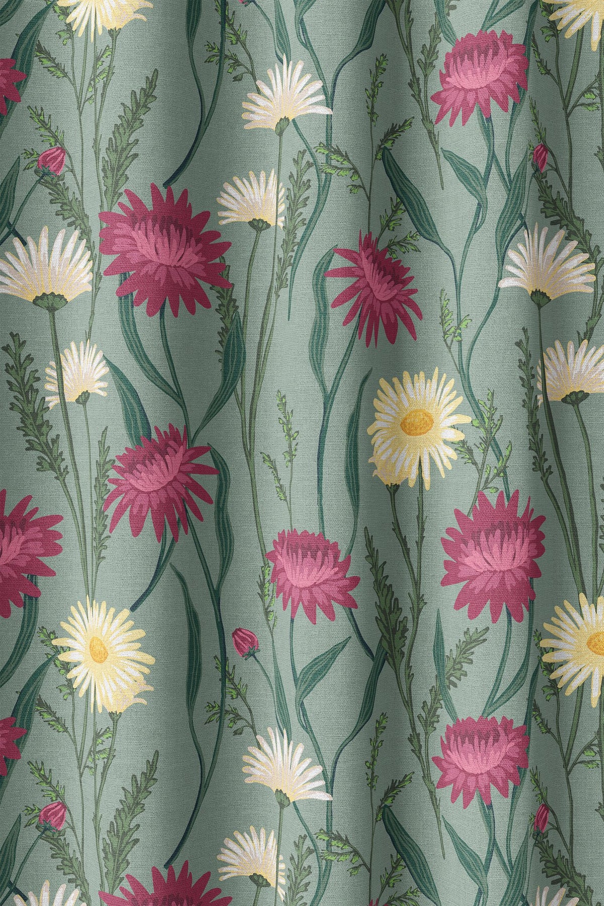 Flat view of the sage green thistle and daisy print