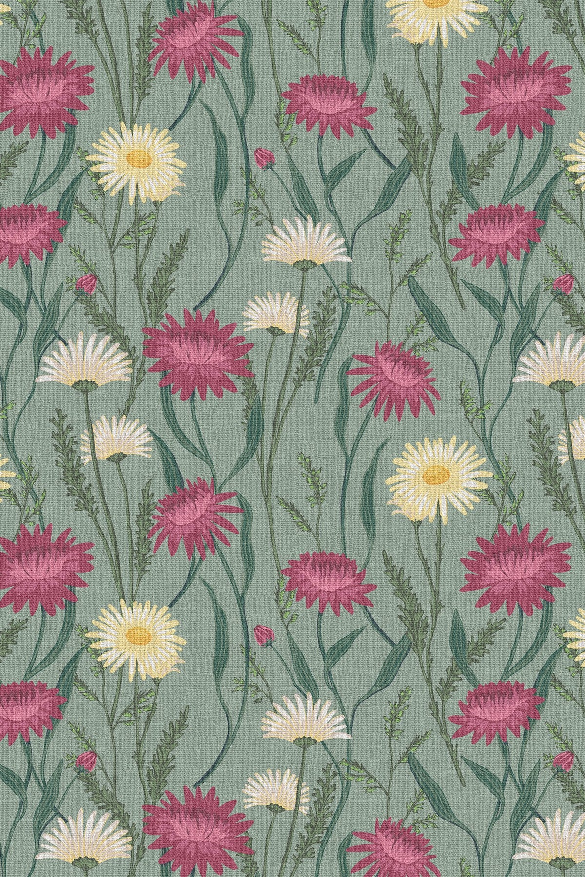 Close-up of the sage green thistle and daisy pattern repeat
