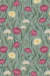 Close-up of the sage green thistle and daisy pattern repeat