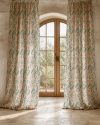 Two long sage and pink ditsy floral curtain panels