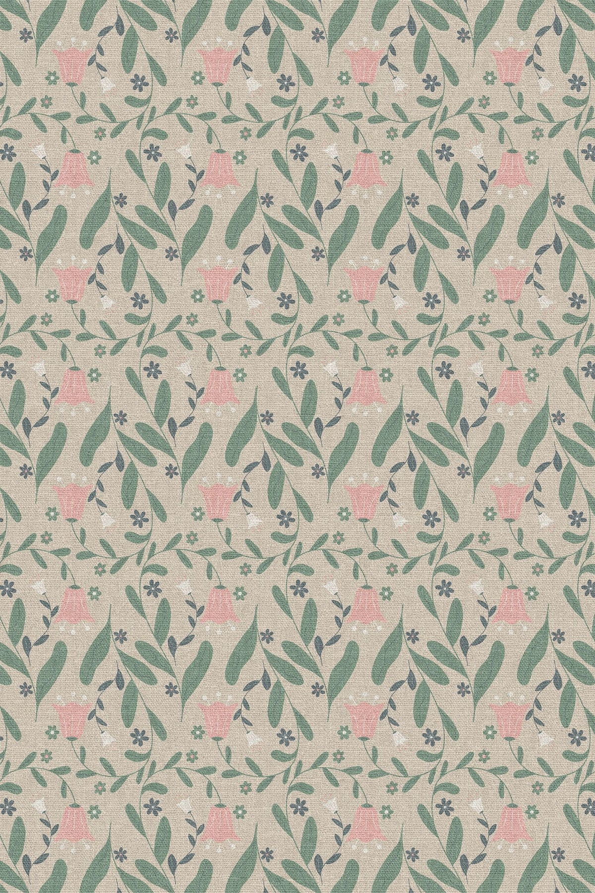 Close-up of the sage and pink ditsy floral pattern repeat
