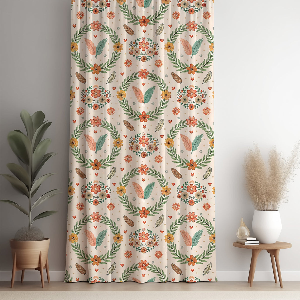 Scandinavian folk wreath curtain panel against a white wall