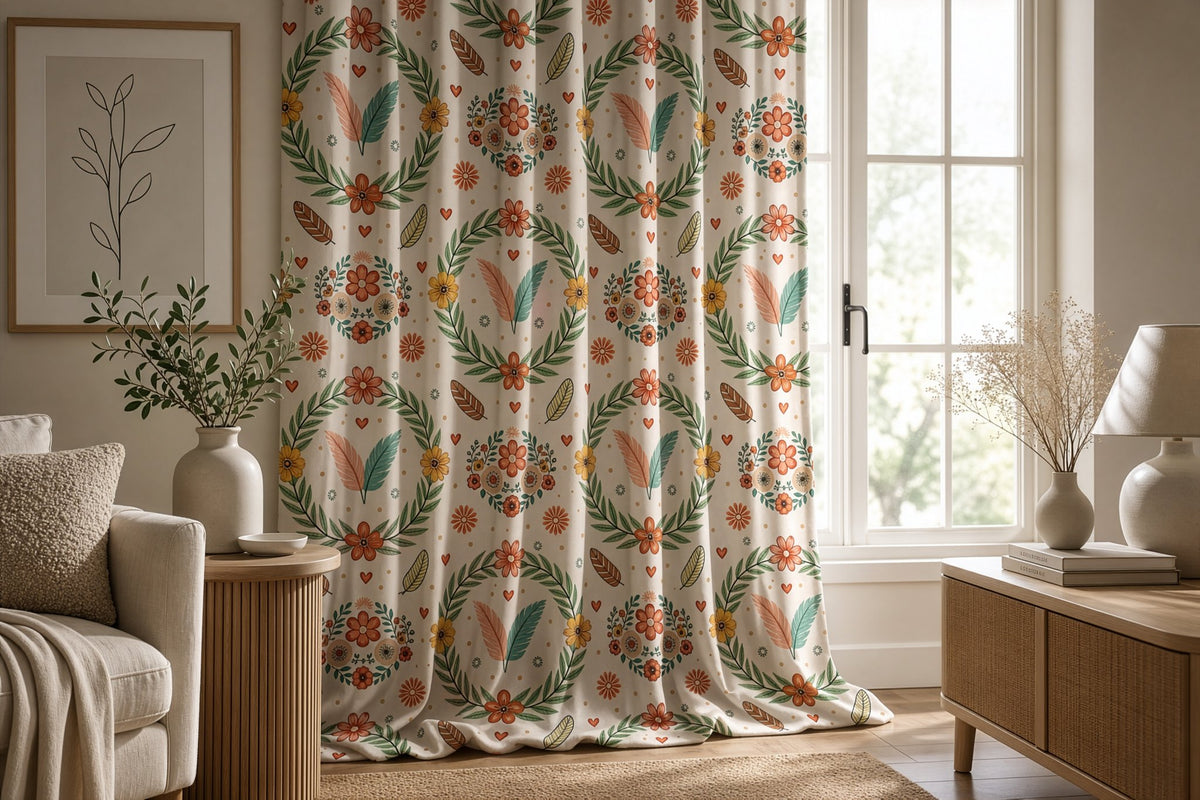 Scandinavian folk wreath curtains in a living room