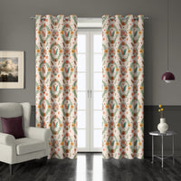 Pair of scandinavian folk wreath grommet curtains at French doors