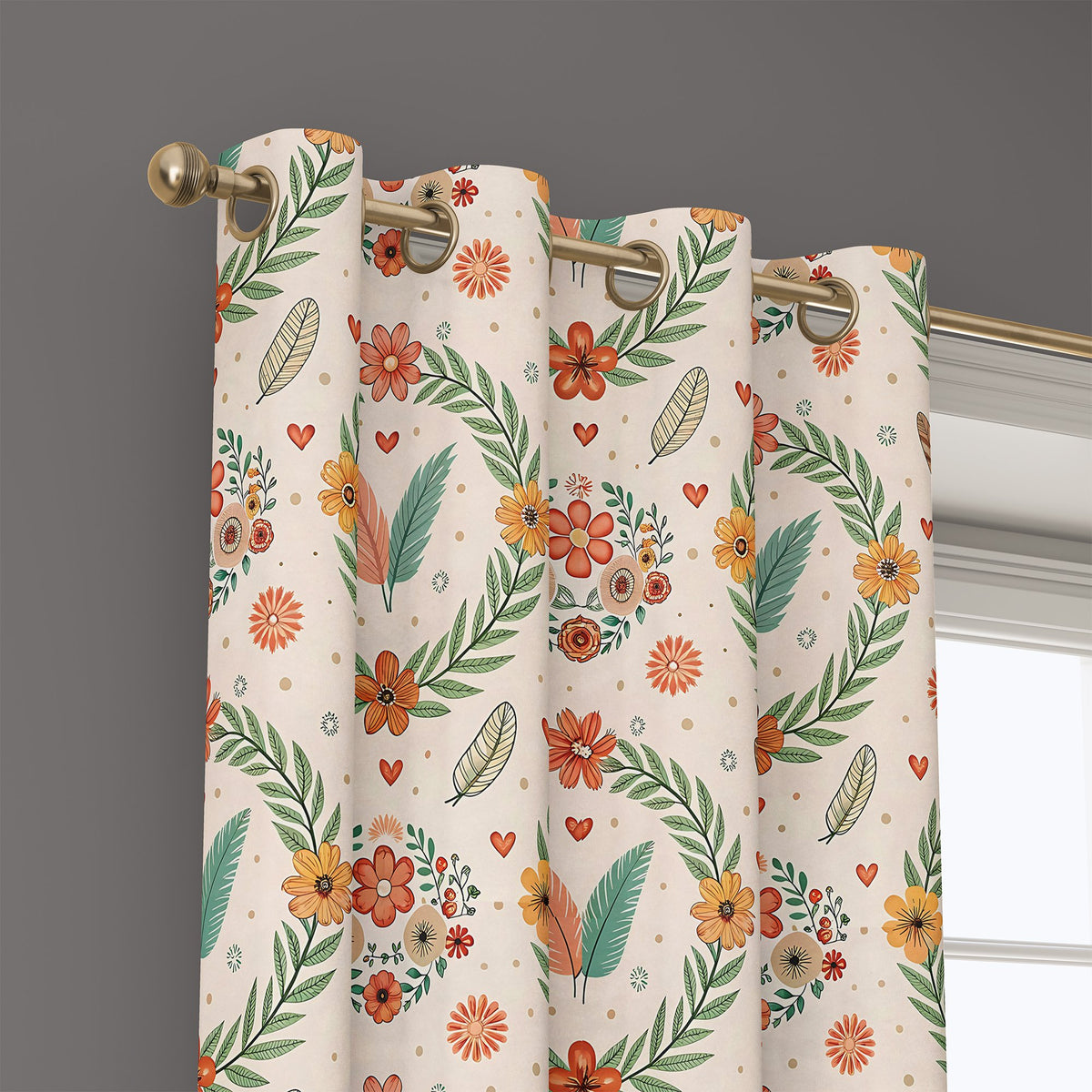 Grommet top of a scandinavian folk wreath curtain on a brass rod