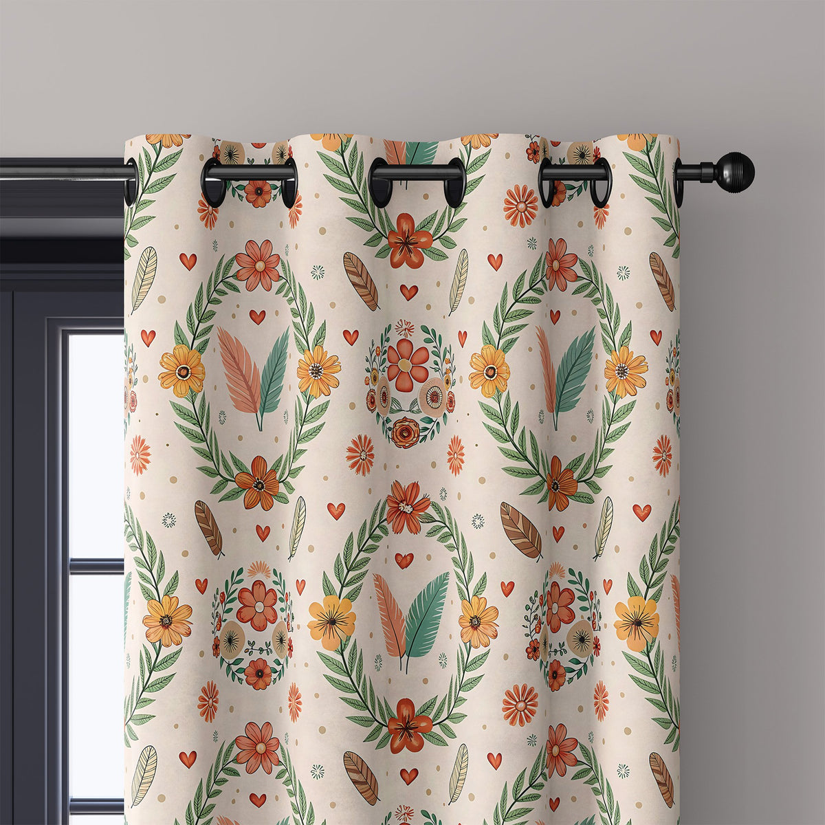 Close-up of scandinavian folk wreath curtain grommets on a black rod
