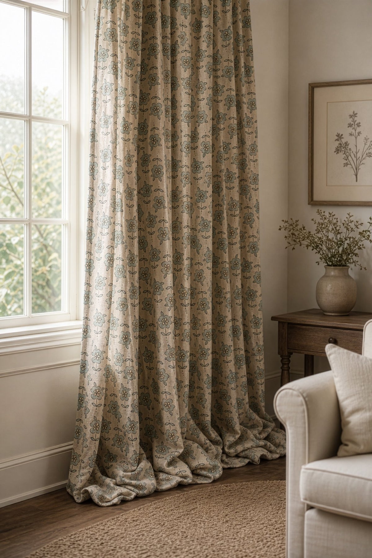 Small blue block print floral curtains in a living room