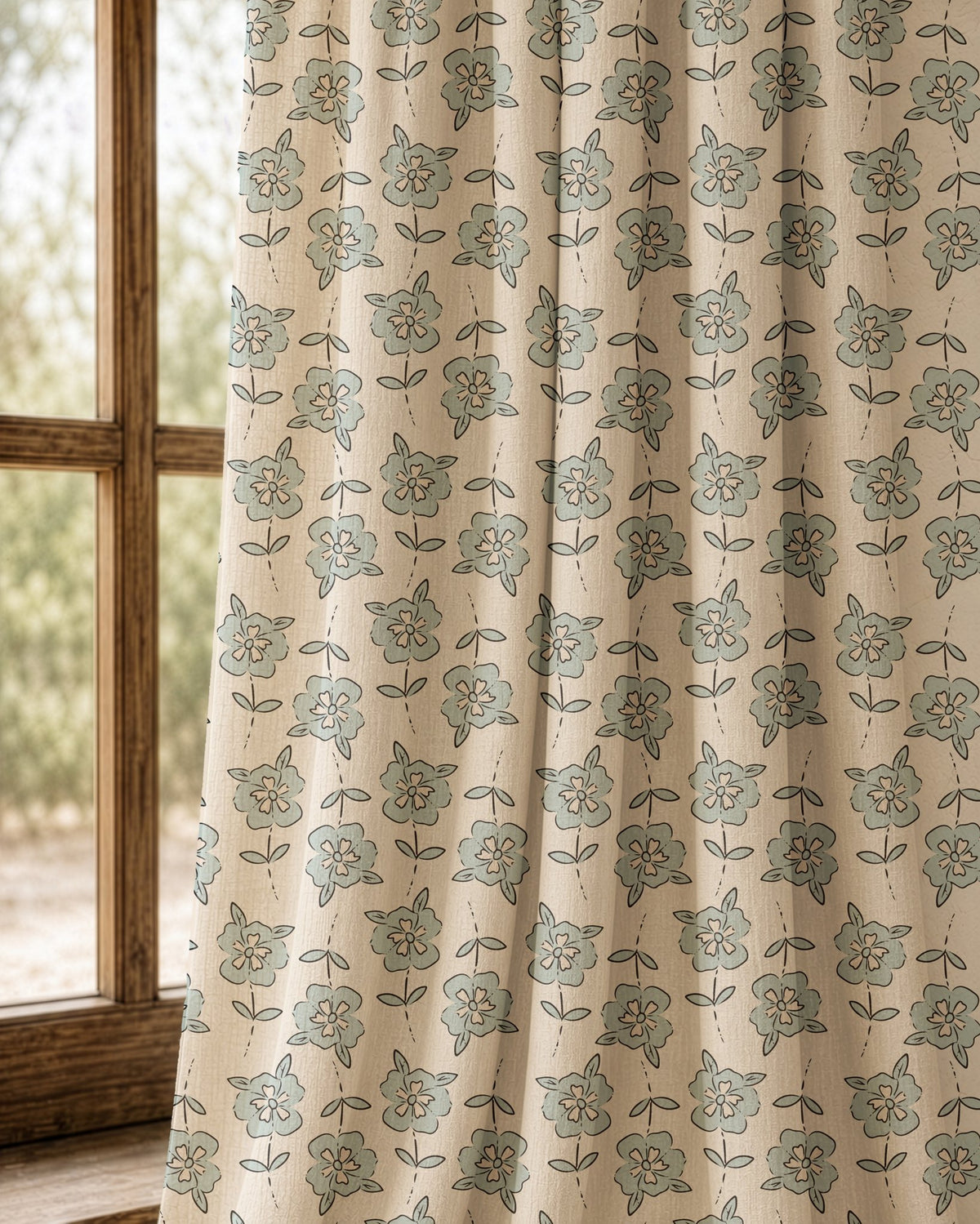 Pair of small blue block print floral curtains at an arched window
