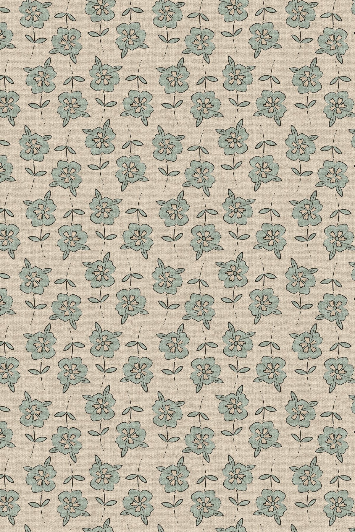 Close-up of the small blue block print floral pattern repeat