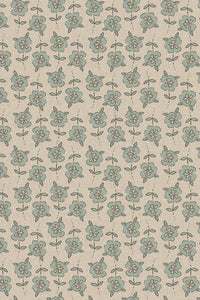 Close-up of the small blue block print floral pattern repeat