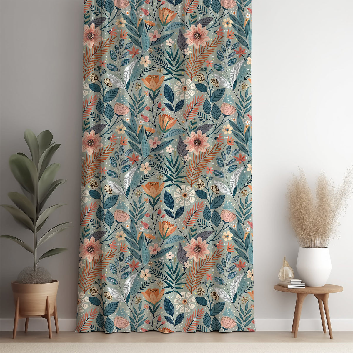 Teal art nouveau floral curtain panel against a white wall