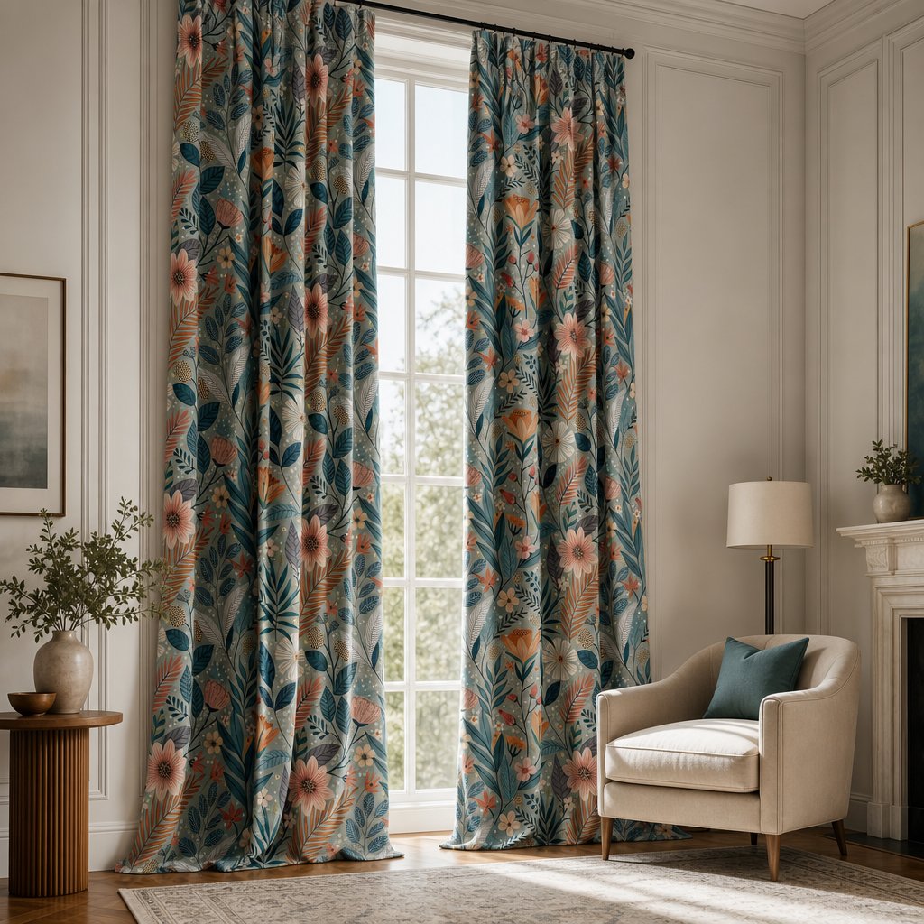 Teal art nouveau floral curtains in a living room
