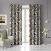 Pair of teal art nouveau floral grommet curtains at French doors