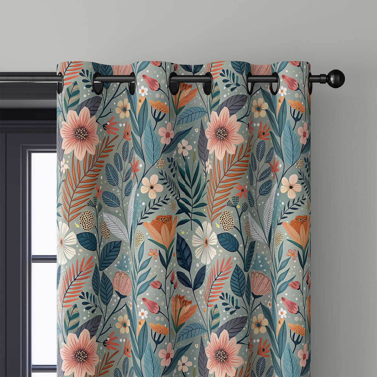 Close-up of teal art nouveau floral curtain grommets on a black rod