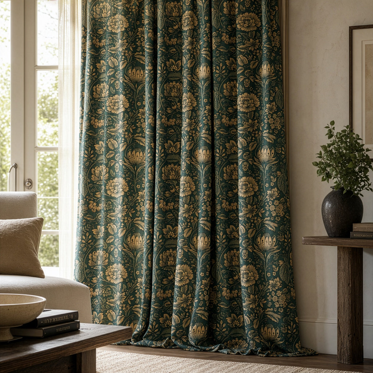 Teal arts and crafts floral curtains in a living room