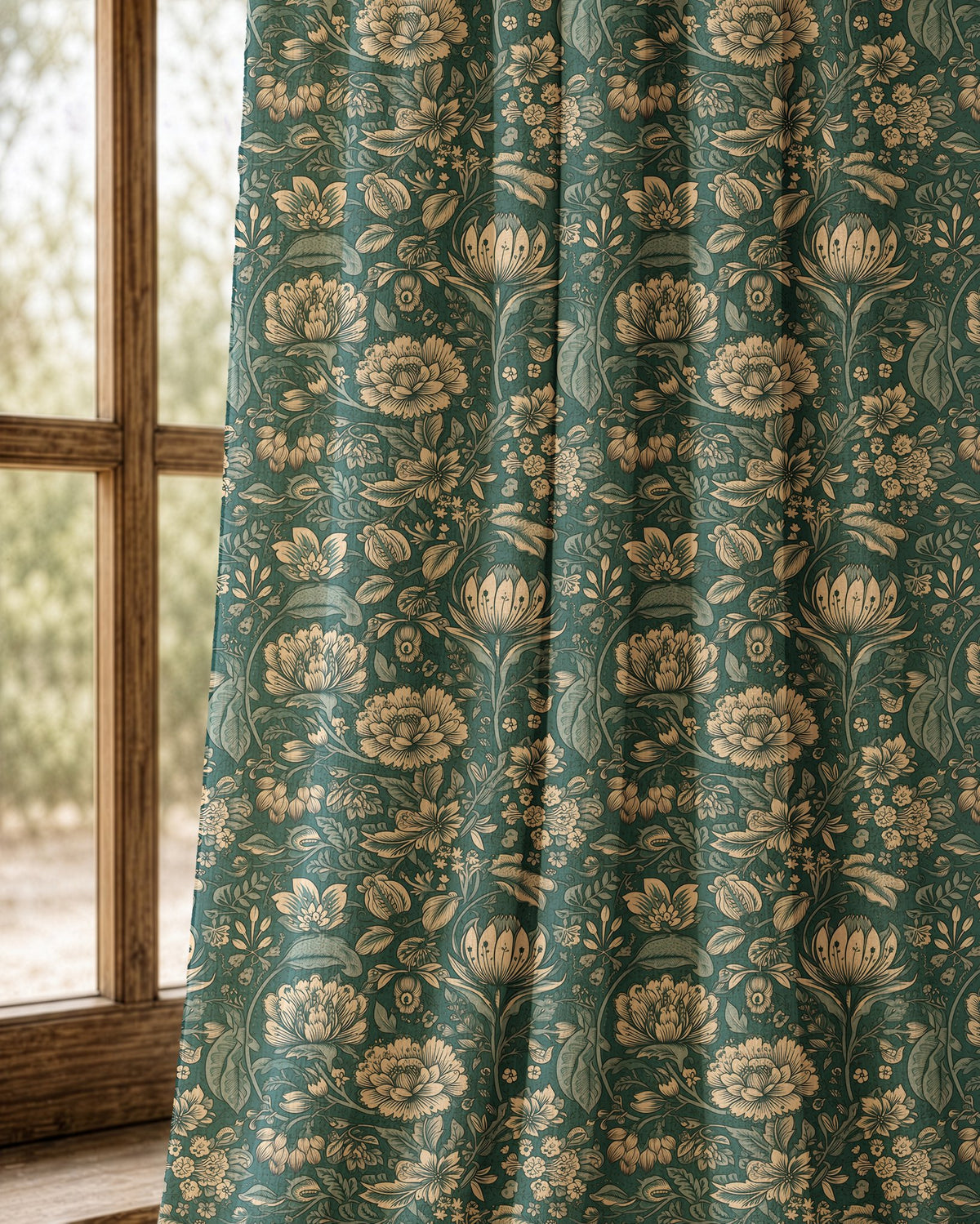 Pair of teal arts and crafts floral curtains at an arched window