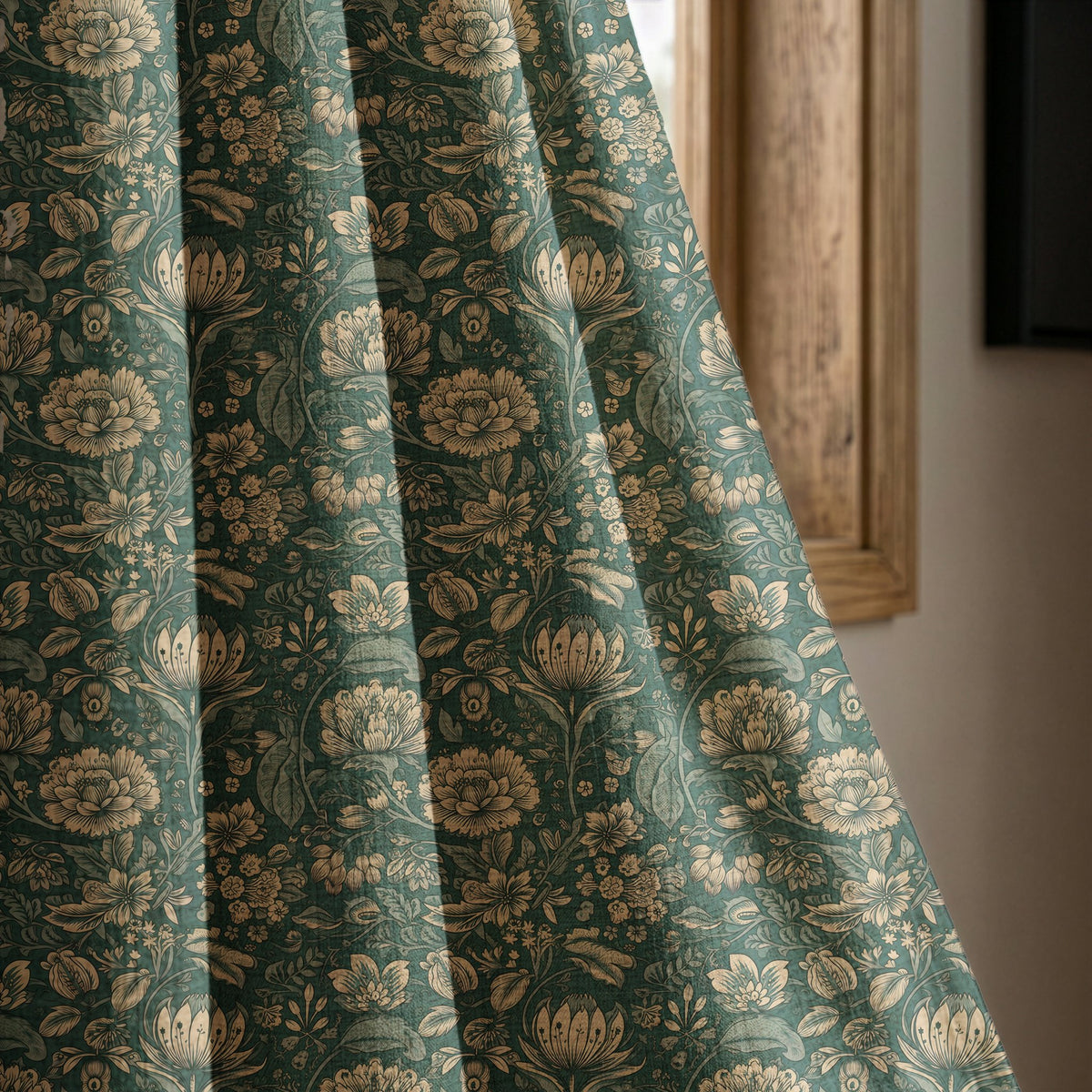Teal arts and crafts floral curtain panel beside a rustic wooden window