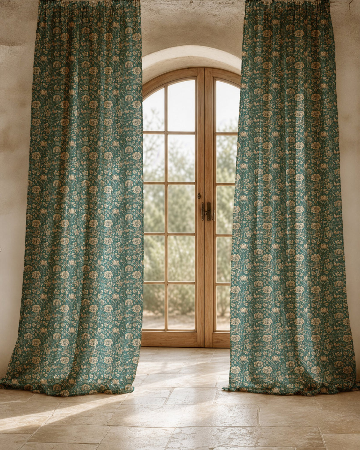 Close-up of the teal arts and crafts floral print