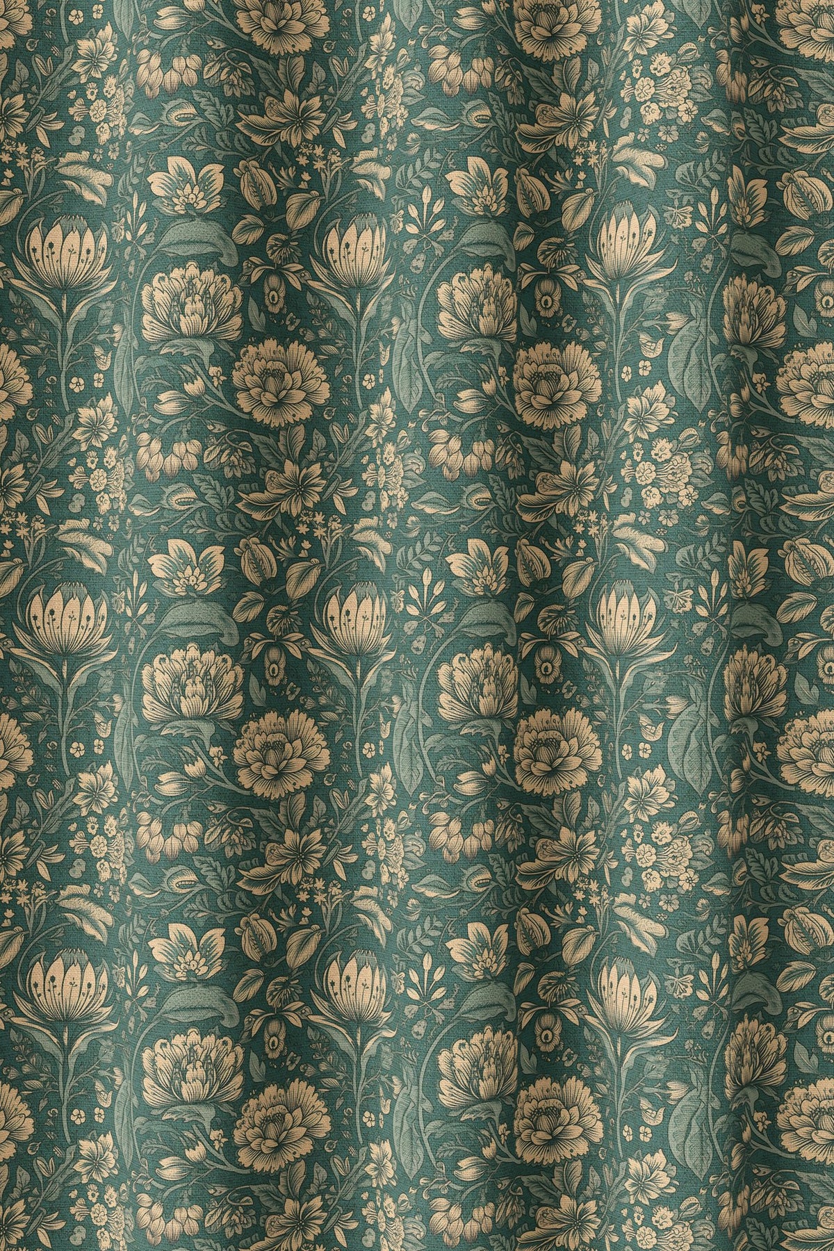 Flat view of the teal arts and crafts floral print