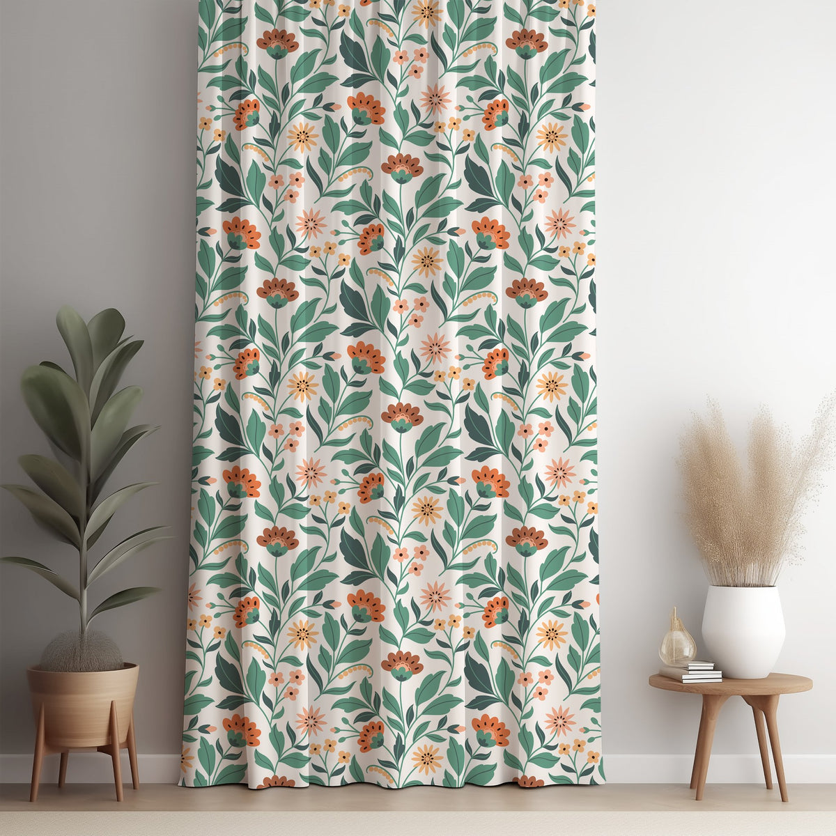 Teal and coral arts and crafts floral curtain panel against a white wall