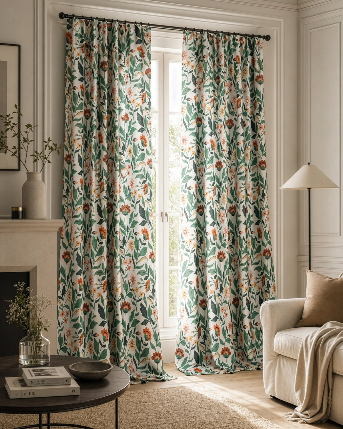 Teal and coral arts and crafts floral curtains in a living room