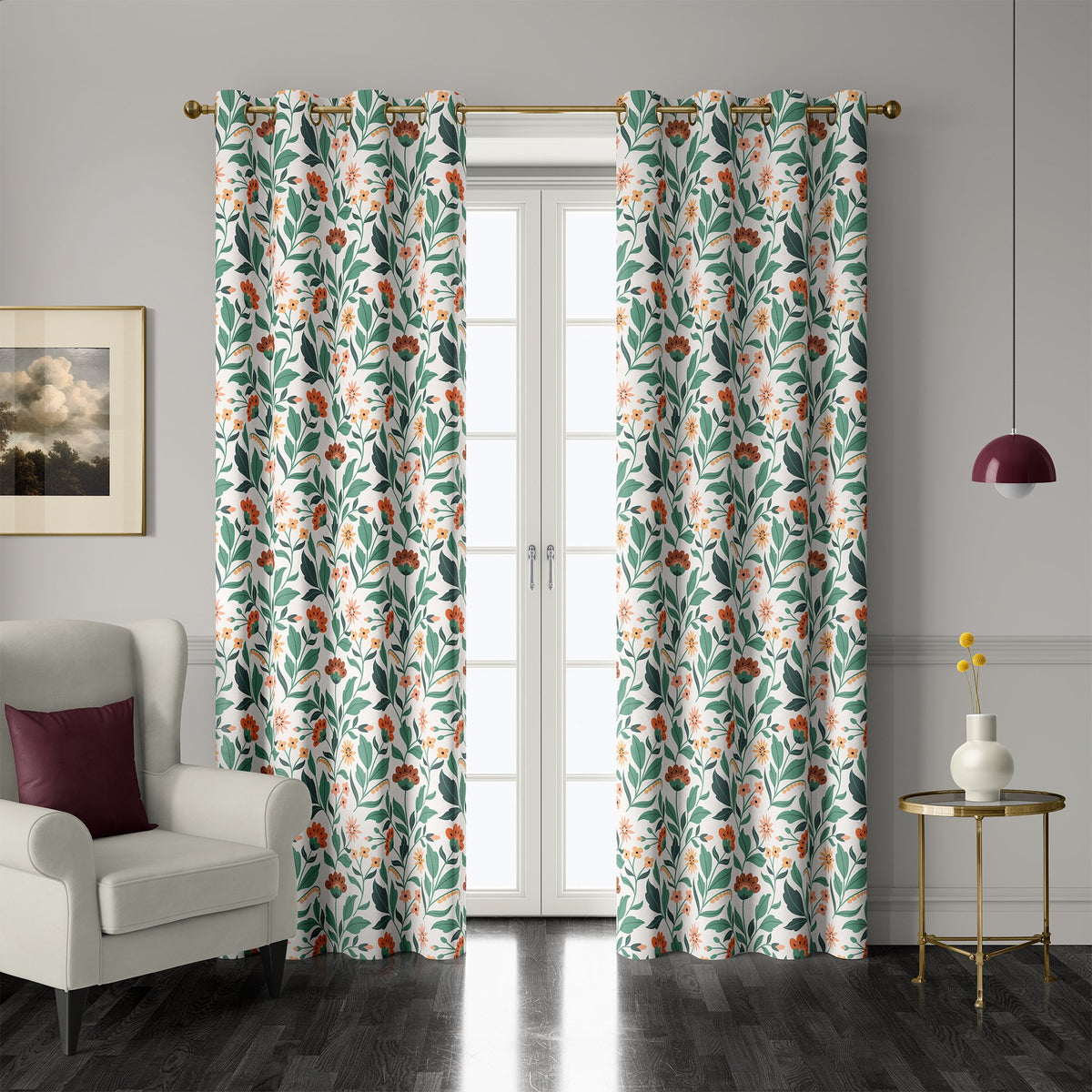 Pair of teal and coral arts and crafts floral grommet curtains at French doors