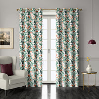 Pair of teal and coral arts and crafts floral grommet curtains at French doors