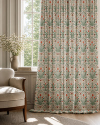 Teal folk tulip curtains in a living room