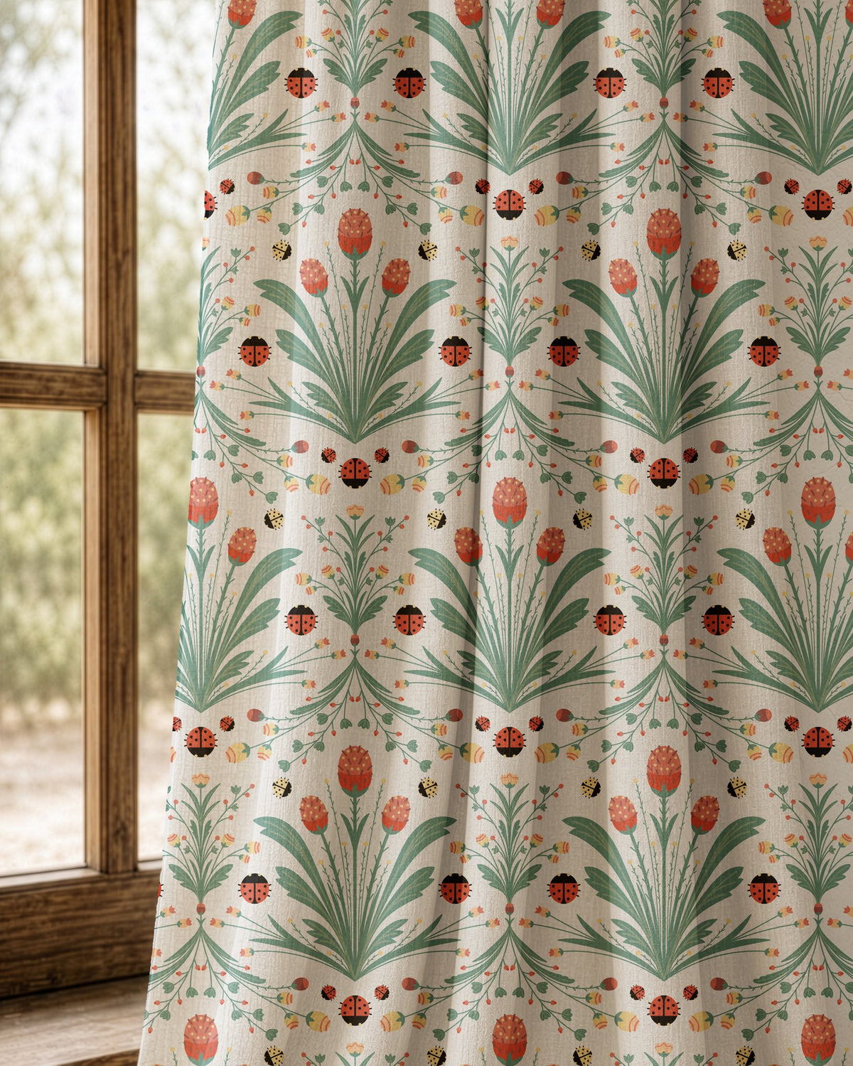 Pair of teal folk tulip curtains at an arched window