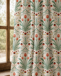 Pair of teal folk tulip curtains at an arched window
