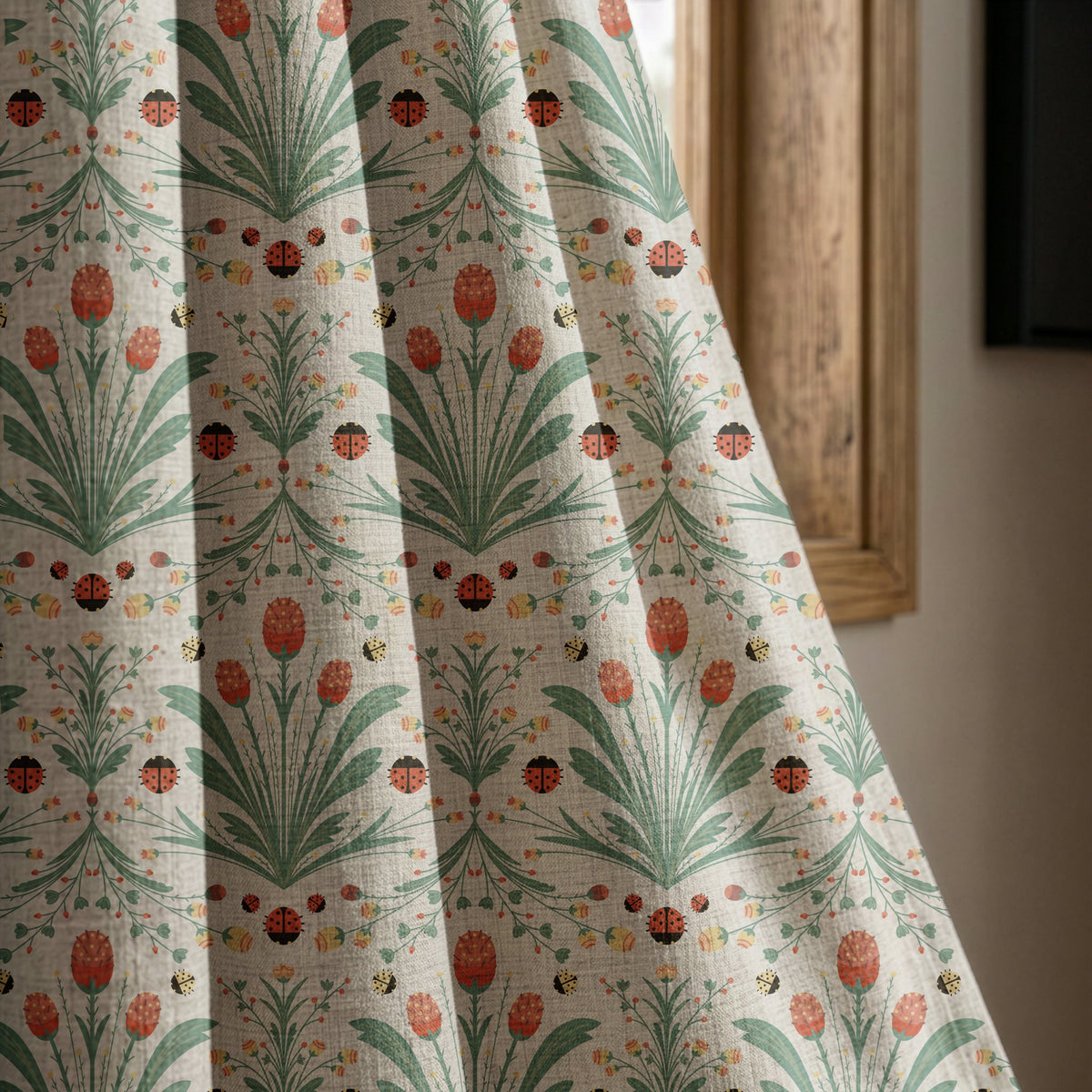 Teal folk tulip curtain panel beside a rustic wooden window