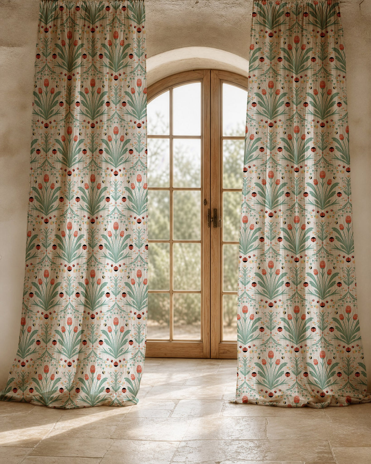 Two long teal folk tulip curtain panels