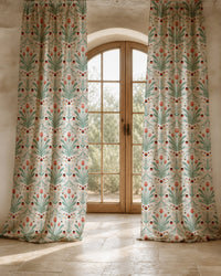 Two long teal folk tulip curtain panels