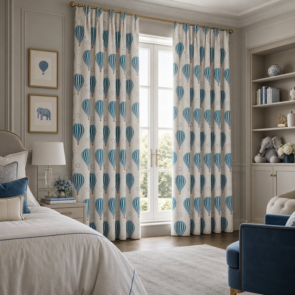 Teal hot air balloon nursery curtains in a child's bedroom