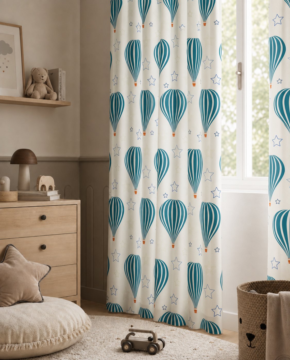 Teal hot air balloon nursery curtains styled with neutral decor