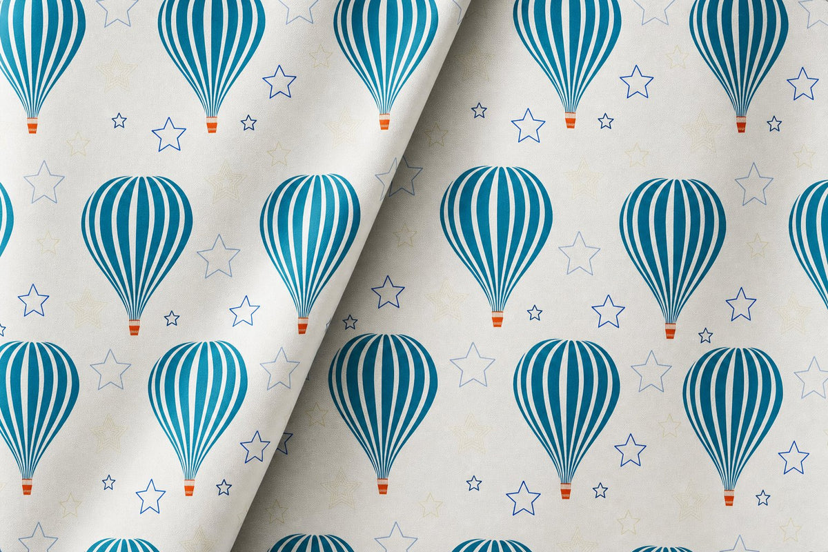 Teal hot air balloon nursery curtains framing a tall window