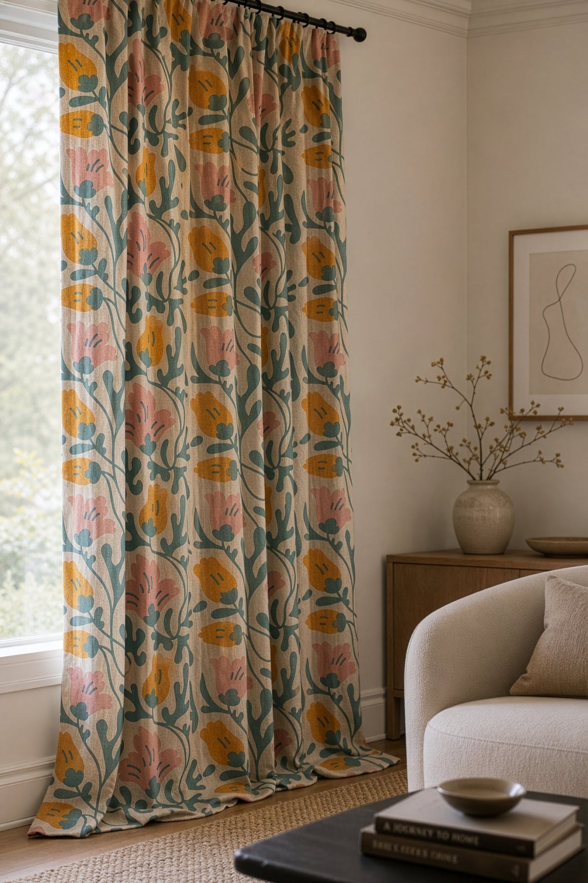 Teal and pink abstract floral curtains in a living room