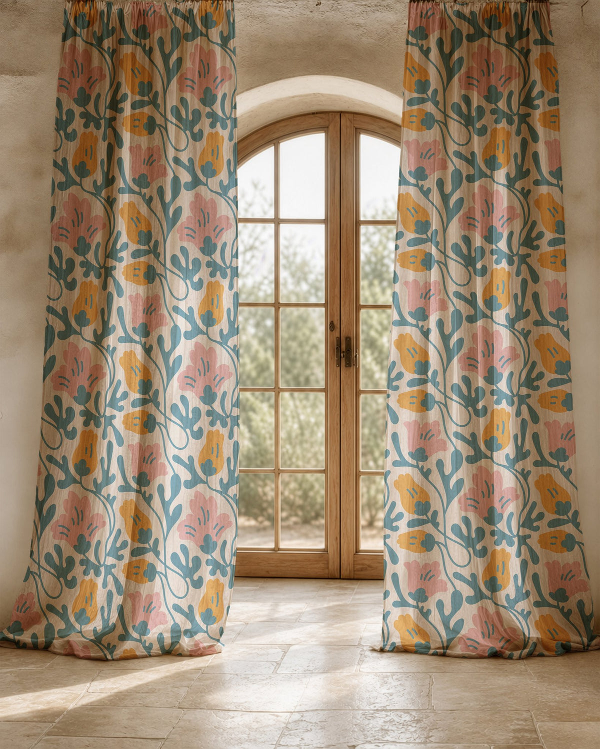 Two long teal and pink abstract floral curtain panels
