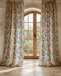 Two long teal and pink abstract floral curtain panels